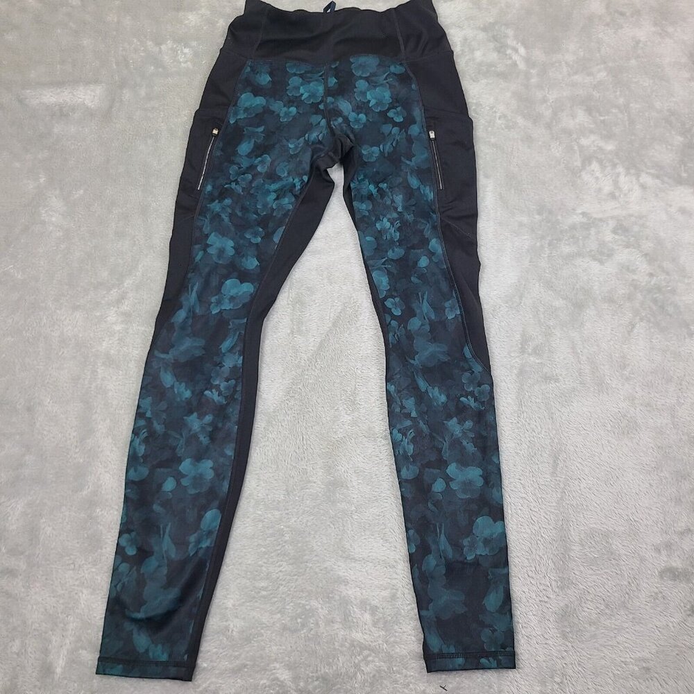 Athleta Leggings Small Black Floral Long Pant Athletic Pockets Activewear‎ Women